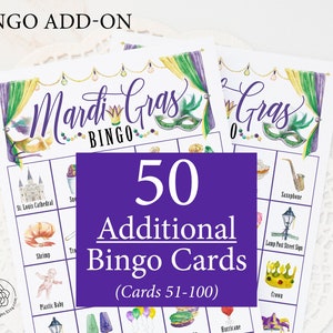 ADICIONAL: 50 cartelas de bingo Mardi Gras adicionais (numeradas de 51 a 100) para acompanhar o jogo original, vendidas separadamente
