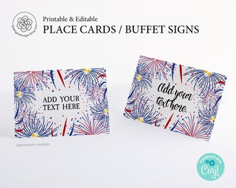 Patriotic Fireworks Food Signs - PRINTABLE, Edit in Corjl, Red white blue, patriotic event, table cards, tented sign buffet card 4th of july