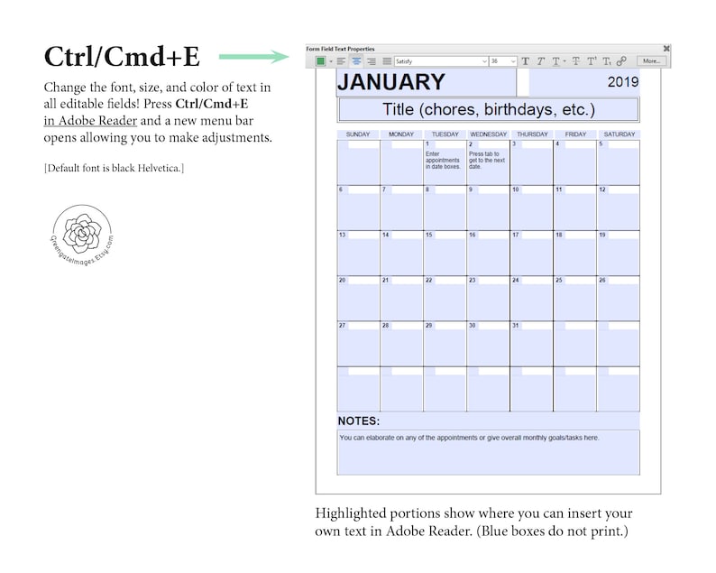 Editable Calendar PDF: Any Year Fillable Printable Monthly - Etsy Canada