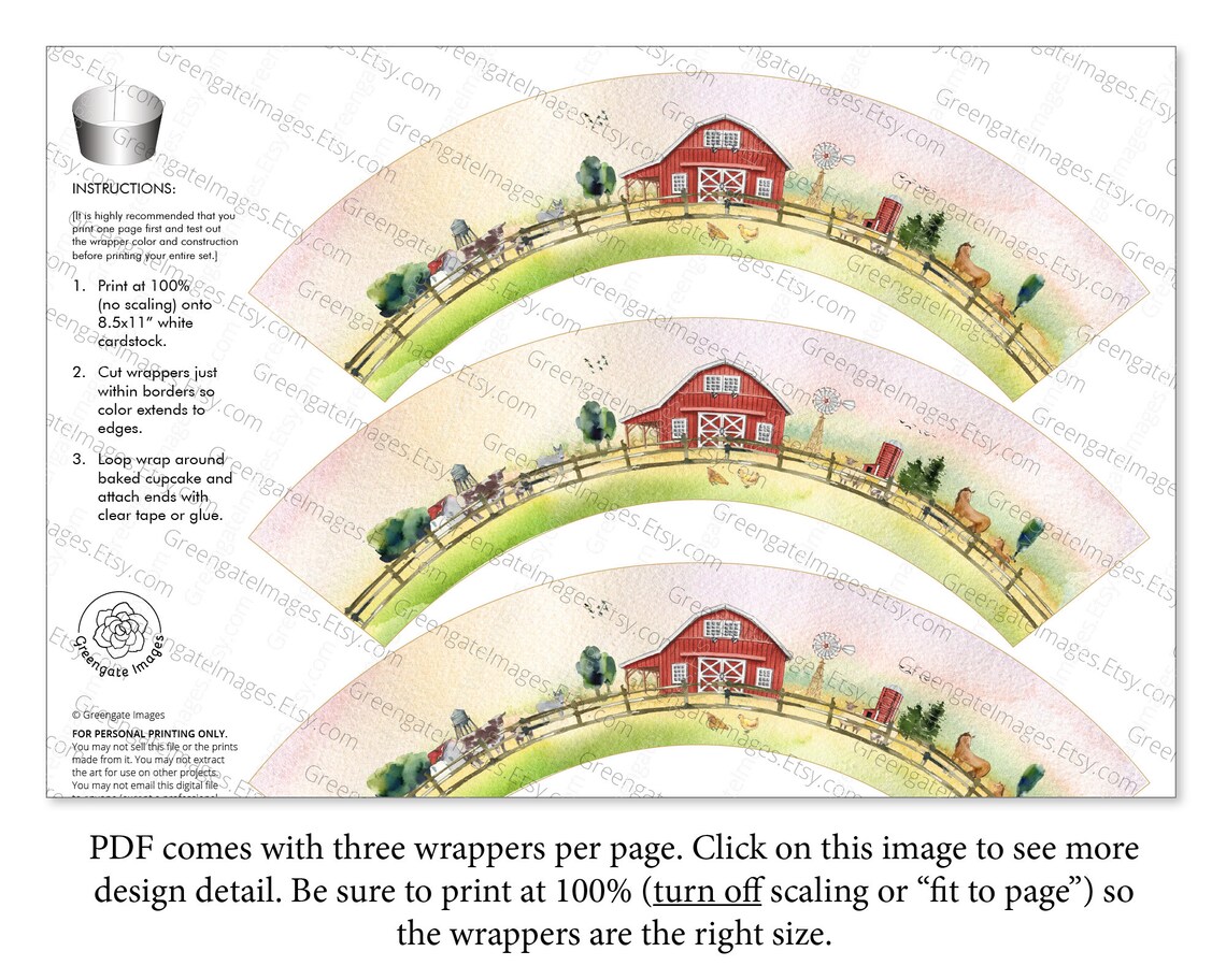 Farm/barn Cupcake Wrappers PRINTABLE Cupcake Wraps Pdf Farm Etsy
