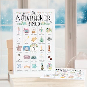 Tarjetas de bingo de Cascanueces: 50 tarjetas IMPRIMIBLES únicas que representan elementos del espectáculo de ballet de invierno. Idea de juego de actividad divertida para niños y adultos.