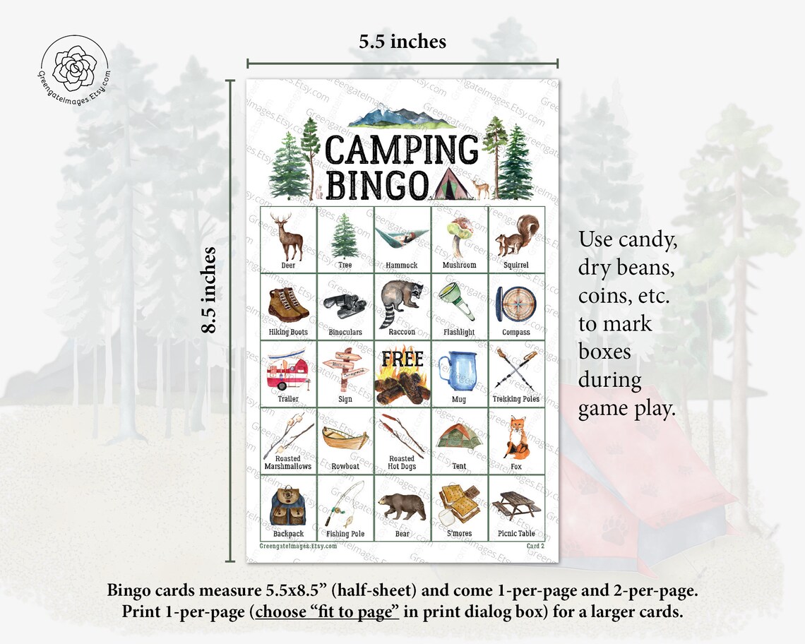 Camping Bingo: PRINTABLE 50 Cards, Bingo Pdf Game, Party Game Ideas ...