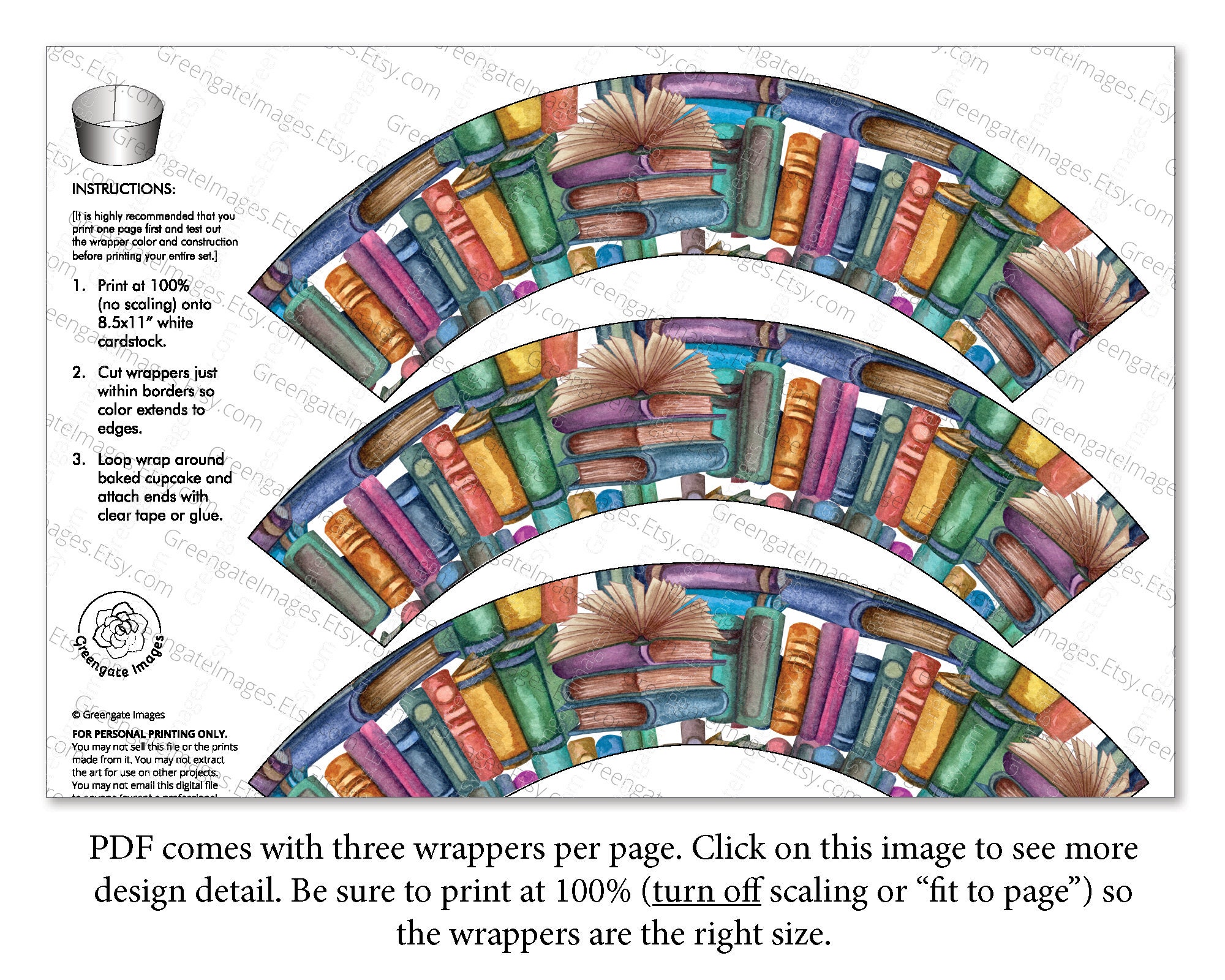 Library Wrapped Template Books/reading Cupcake Wrapper - PRINTABLE Library Cupcakes, School ...