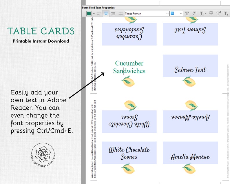 Tea Party Buffet Food Sign Banquet Tented Cards Lemon Place Cards Fruit Food Labels editable Table Cards Bridal Shower Buffet Card