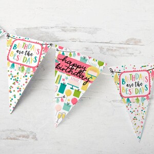 May include: A colorful birthday banner with triangular flags. The flags feature the text "Birthdays are the Best Days" and "Happy Birthday". The flags are decorated with confetti, gifts, balloons, and cake illustrations. The banner is strung on a white string.