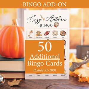 ADICIONAL: 50 cartões adicionais Cozy Autumn Bingo (numerados de 51 a 100) para acompanhar o jogo original, vendido separadamente