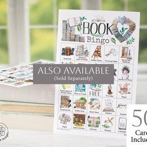May include: A printable book bingo card with 25 squares featuring illustrations of book-themed items, such as a ladder chair, a bookend, a coffee shop, and a book with a bookmark. The text "BOOK Bingo" is at the top of the card. The text "ALSO AVAILABLE (Sold Separately)" is below the card. The text "50 Cards Included" is in the bottom right corner of the image.