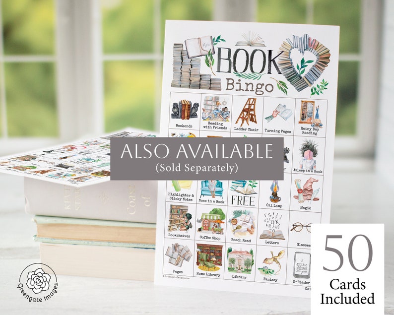 May include: A printable book bingo card with 25 squares featuring illustrations of book-themed items, such as a ladder chair, a bookend, a coffee shop, and a book with a bookmark. The text "BOOK Bingo" is at the top of the card. The text "ALSO AVAILABLE (Sold Separately)" is below the card. The text "50 Cards Included" is in the bottom right corner of the image.