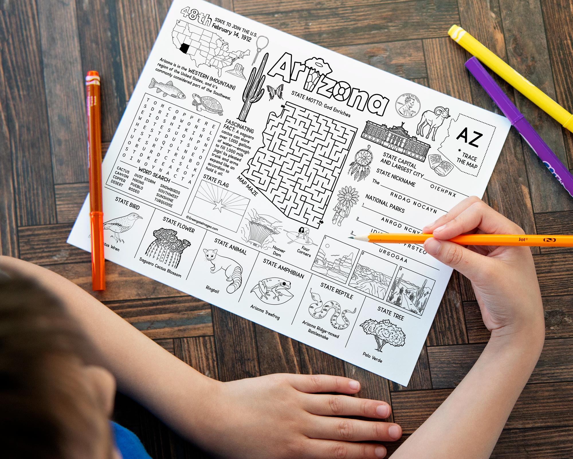 PRINTABLE Arizona Activity Page - Instant Download PDF Kids Games. AZ ...