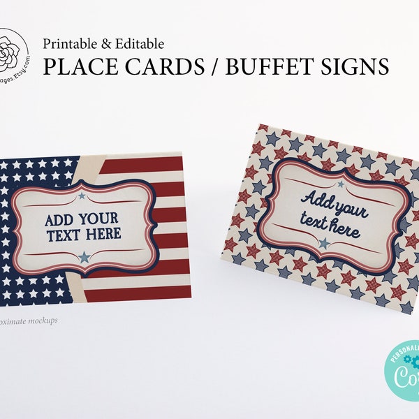 Patriotic Americana Food Signs - PRINTABLE, Edit in Corjl, vintage red blue, military event table cards, tented sign buffet card 4th of july