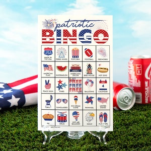 Tarjetas de bingo patrióticas: bingo imprimible, 50 tarjetas, idea para fiesta del 4 de julio, Día de los Caídos, rojo, blanco y azul, actividad para personas mayores, juego para niños