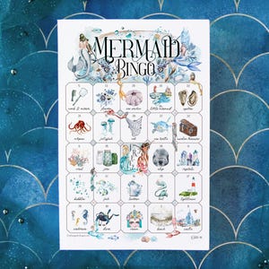 Mermaid Bingo - 50 carte uniche STAMPABILI. Download digitale immediato PDF. Meravigliosa e sofisticata fiaba marina mermaidcore per ragazze/donne.