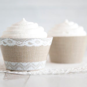 Jute und Spitze Cupcake Wrapper - DRUCKBAR sofortiger digitaler Download. Rustikale Landhochzeit Tortendekoration. Brautparty Dessert Tisch.