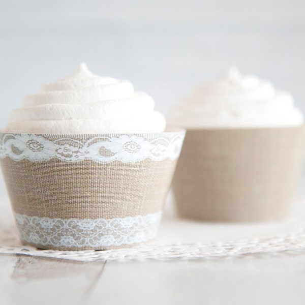 Burlap and Lace Cupcake Wrappers - PRINTABLE instant digital download. Rustic country wedding cake decoration. Bridal shower dessert table.