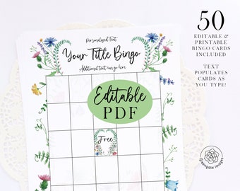 FILLABLE Wildflower Bingo Template: 50 Cards Printable pdf, editable personalized bridal shower game, wedding reception diy blank bingo