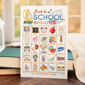 Back to School Bingo (Elementary) - 50 einzigartige Karten zum Ausdrucken. Sofortiger digitaler Download PDF. Lustige, niedliche Aktivitätsidee für Schüler/Schüler.