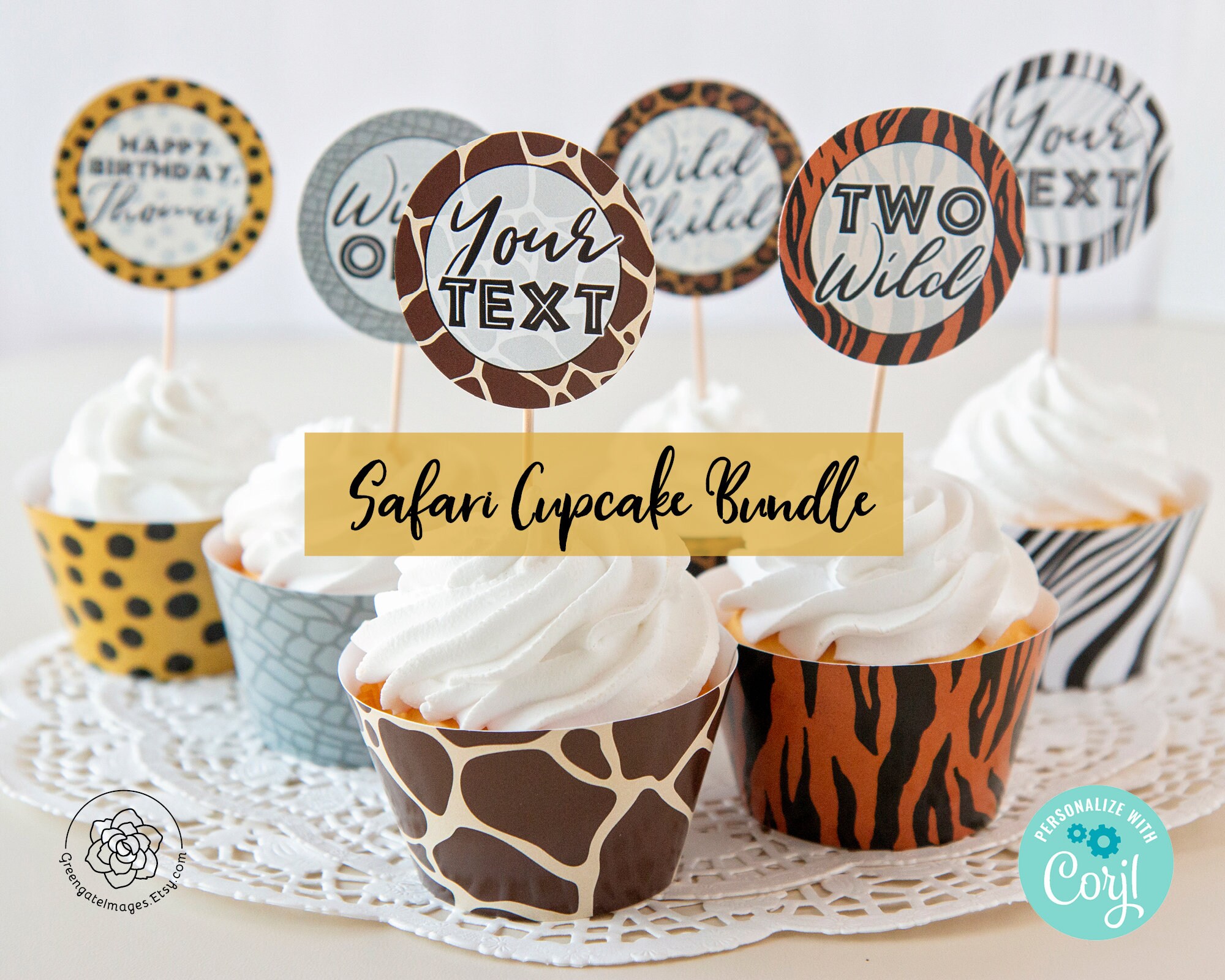 Animal Print Cupcake Wrappers Toppers PRINTABLE wrappers cupcake toppers corjl editable wild one two wild birthday party