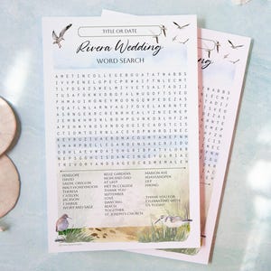 May include: A printable word search game with a beach theme. The game features the words "Rivera Wedding" and a list of names and locations. The background is a watercolor painting of a beach with seagulls.