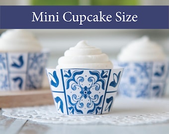 MINI Talavera Style Cupcake Wrapper - printable mini muffin wrap, blue white tile, azulejos design, Mediterranean Spanish, French Italian