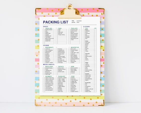 Travel Packing List - Printable list, editable packing list, travel planning, printable list chart, travel list template, items to pack, pdf