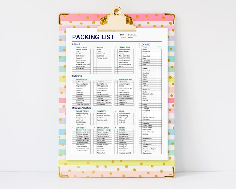 Travel Packing List - Printable list, editable packing list, travel planning, printable list chart, travel list template, items to pack, pdf image 1