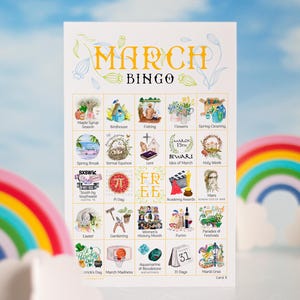 March Bingo - 50 PRINTABLE unique cards. Instant digital download PDF. Fun activity for Lent, Purim, potlucks, seniors, and homeschool.