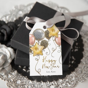 Neujahrsgeschenkanhänger - Bearbeitbar in Corjl, Party-Ausdrucke, Geschenkanhänger, frohes neues Jahr, Silvesterideen, Luftballons Design