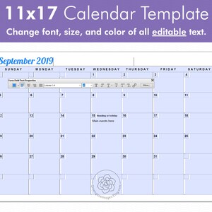 11x17 Calendar Template - Editable landscape calendar, any month, A3 tabloid ledger paper, large printable calendar, fillable pdf, monthly image 4