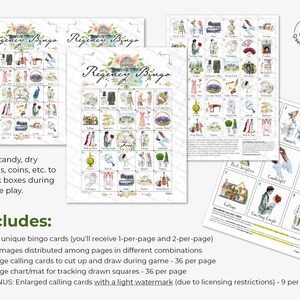 May include: A Regency Bingo game set featuring 50 unique bingo cards with watercolor illustrations of historical scenes, calling cards, and a tracking mat. The cards display various images like cottages, carriages, and couples with text labels.