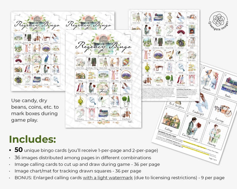 May include: A Regency Bingo game set featuring 50 unique bingo cards with watercolor illustrations of historical scenes, calling cards, and a tracking mat. The cards display various images like cottages, carriages, and couples with text labels.
