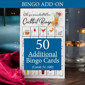 ADICIONAL: 50 cartelas de bingo de coquetel adicionais (numeradas de 51 a 100) para acompanhar o jogo original, vendidas separadamente