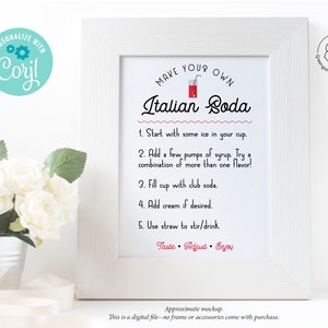 May include: Printable digital download of a white framed sign with the text "Make Your Own Italian Soda" and instructions for making the drink. The sign has a red illustration of a glass of Italian soda.