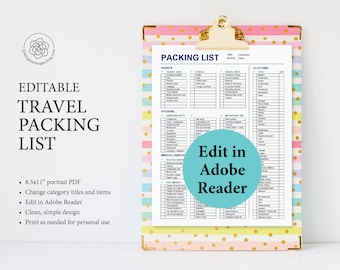 Travel Packing List - Printable list, editable packing list, travel planning, printable list chart, travel list template, items to pack, pdf