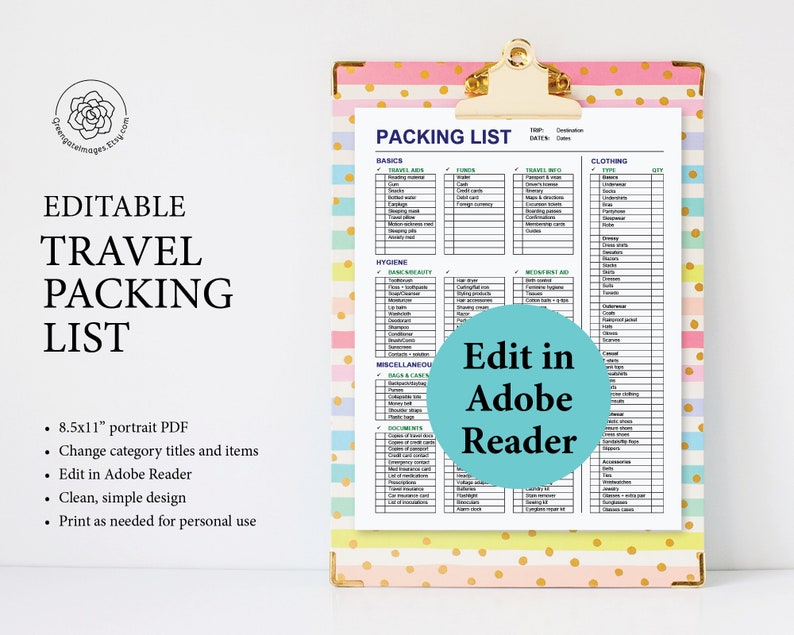 travel packing list printable list editable packing list etsy