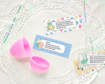 May include: A set of Easter egg hunt clues printed on colorful cards with a floral design. The cards include instructions to type a message, find the next clue, and join a family church service. The image also shows two pink plastic Easter eggs.