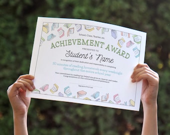 Certificate Template - 8.5x11" reading achievement award w/ book design. Personalize student names and make other text edits in Corjl. 101js