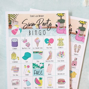 Pool Party Bingo - 50 druckbare Bingokarten. Personalisierte bearbeitbare, ausfüllbare PDF-Datei. Füge Text in Adobe hinzu. Mädchen, Tweens, Preteens, Teens Schwimmen.