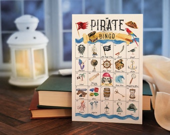 Pirate Bingo - 50 PRINTABLE unique cards. Instant digital download PDF. Fun activity for pirate-themed parties and Talk Like a Pirate Day.