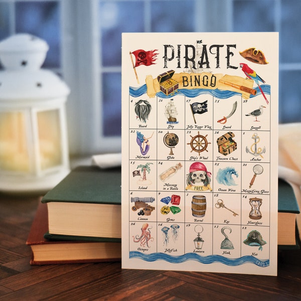 Pirate Bingo - 50 PRINTABLE unique cards. Instant digital download PDF. Fun activity for pirate-themed parties and Talk Like a Pirate Day.