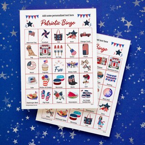 Patriotic Bingo - 50 PRINTABLE unique cards, 4th of July, Memorial Day patriotism. Personalized editable fillable PDF. Add text in Adobe.