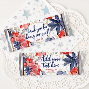 Patriotic Floral Candy Bar Wrappers - Custom Hershey wrap editable Corjl personalized candy label, 4th of july hershey bar, red white blue