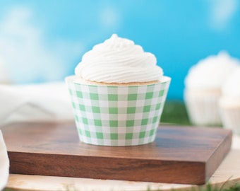 Middelgrote groene pastel cupcake wrappers - AFDRUKBARE instant download pdf. Groene en witte ruit, uniseks lente-decorideeën voor babyshowers.