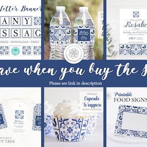 May include: Printable bridal shower party decorations in a blue and white tile pattern. The set includes a banner, water bottle labels, cupcake wrappers, food signs, and gift tags. The text on the invitation reads "Bridal Shower Rosalie".