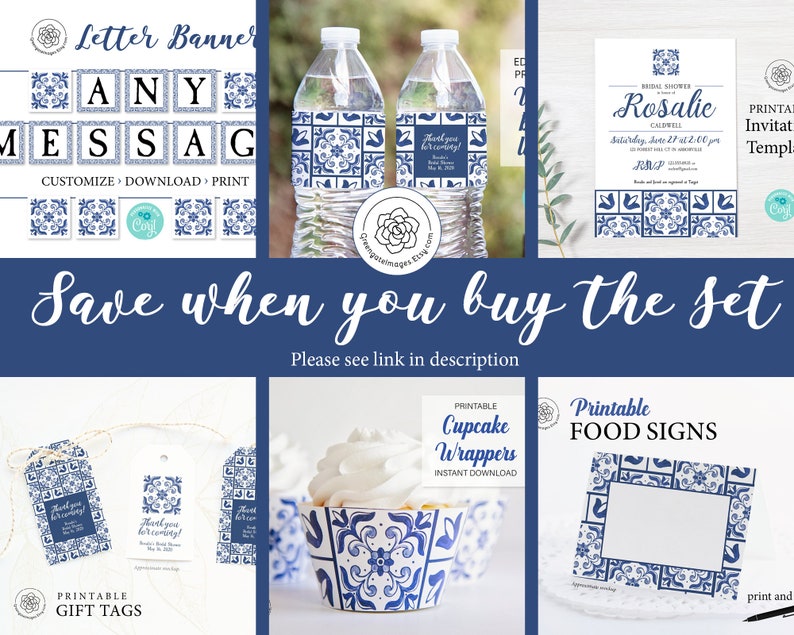 May include: Printable bridal shower party decorations in a blue and white tile pattern. The set includes a banner, water bottle labels, cupcake wrappers, food signs, and gift tags. The text on the invitation reads "Bridal Shower Rosalie".