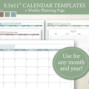 Editable Calendar Templates: 8.5x11&quot; landscape calendar pages, printable, any month and year, blank monthly planner, space notes holidays