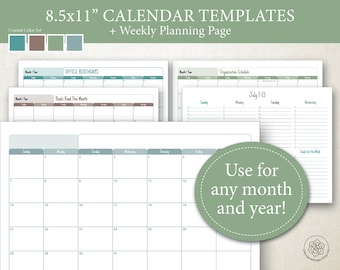 Editable Calendar Templates: 8.5x11" landscape calendar pages, printable, any month and year, blank monthly planner, space notes holidays