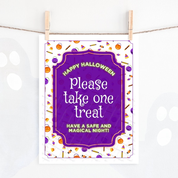 Please Take One Treat Sign Template - PRINTABLE and editable Corjl 8.5x11" sign. Trick-or-treat candy sign to hang on door. Kids party sign.