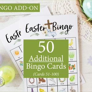 ADICIONAL: 50 cartões de bingo de Páscoa Cristã adicionais (numerados de 51 a 100) para acompanhar o jogo original, vendido separadamente