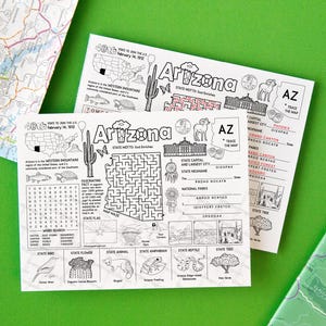 May include: A black and white printable worksheet with a map of Arizona, a word search, a maze, and facts about the state. The worksheet includes the state motto, "God enriches", and the state bird, flower, animal, amphibian, reptile, and tree.
