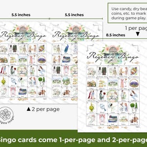 May include: Regency Bingo game cards featuring watercolor illustrations of historical items. The cards are available in two formats: 5.5 inches by 8.5 inches for two per page, and 8.5 inches by 11 inches for one per page. Includes a free space and text.